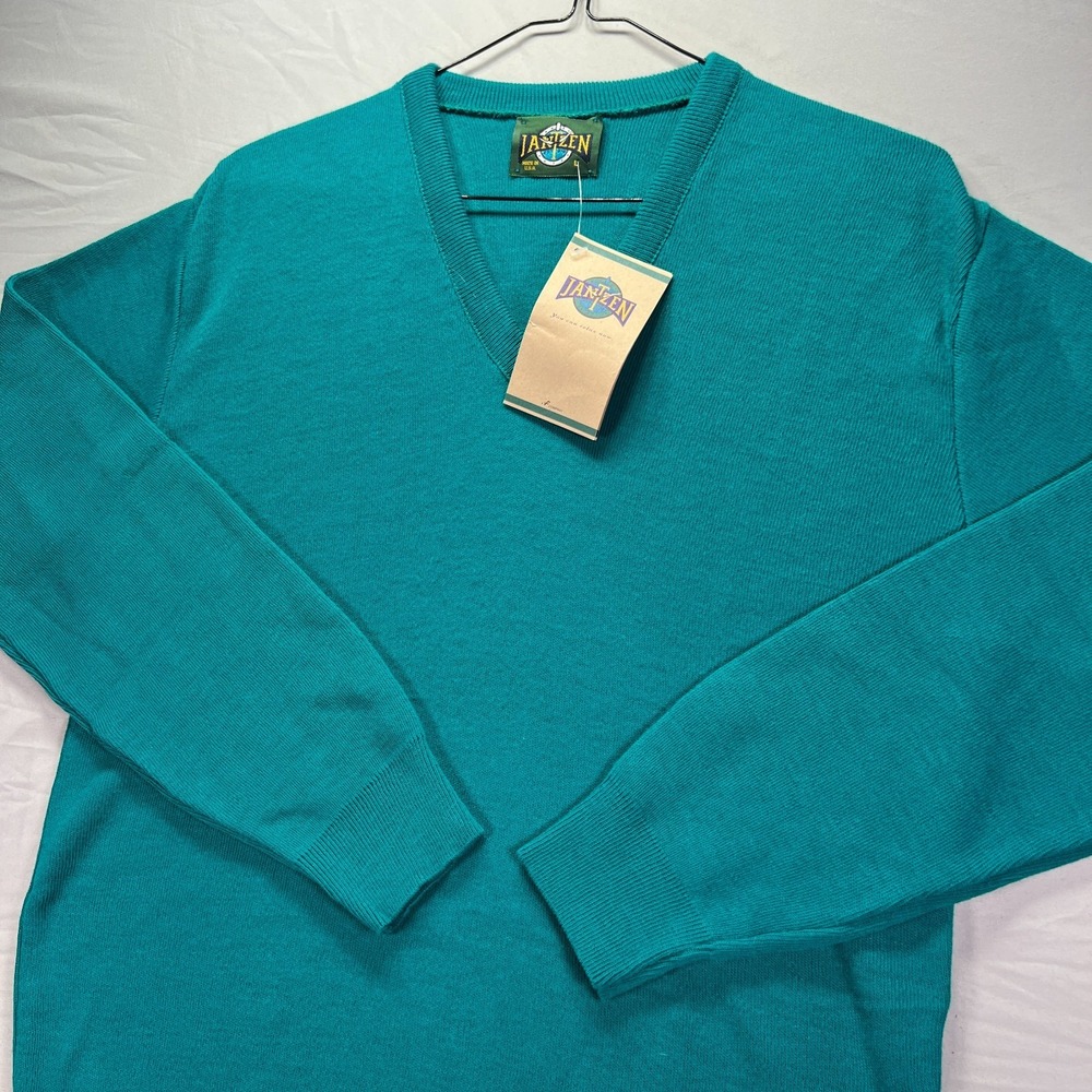 Vintage Jantzen Sweater Men Large Blue V Neck Acrylic Knit Grandpa Old Stock NWT